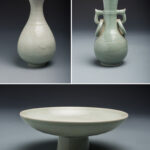 青釉弦紋帶環雙耳長頸瓶 白瓷印花龍紋玉壺春瓶／青瓷印花壽桃紋高足盤